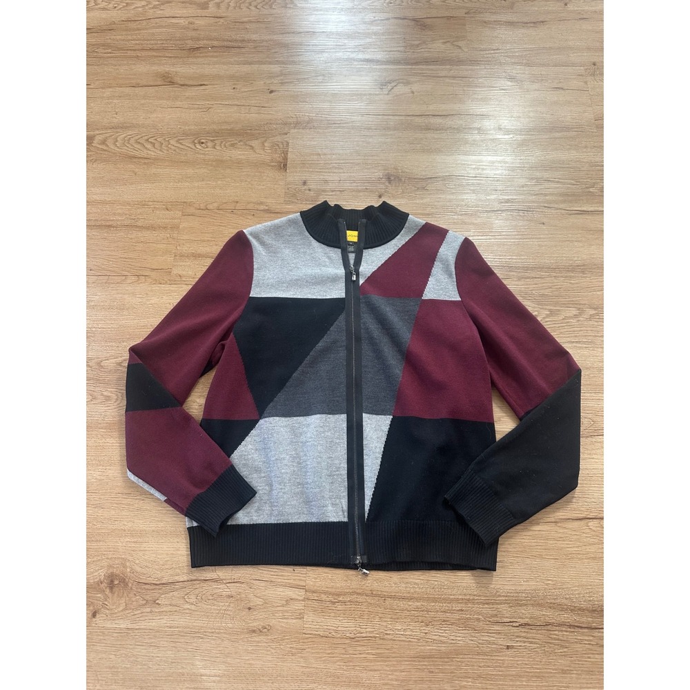 St John Womens M 100% Wool Geometric Colorblock Full Zip Sweater Jacket